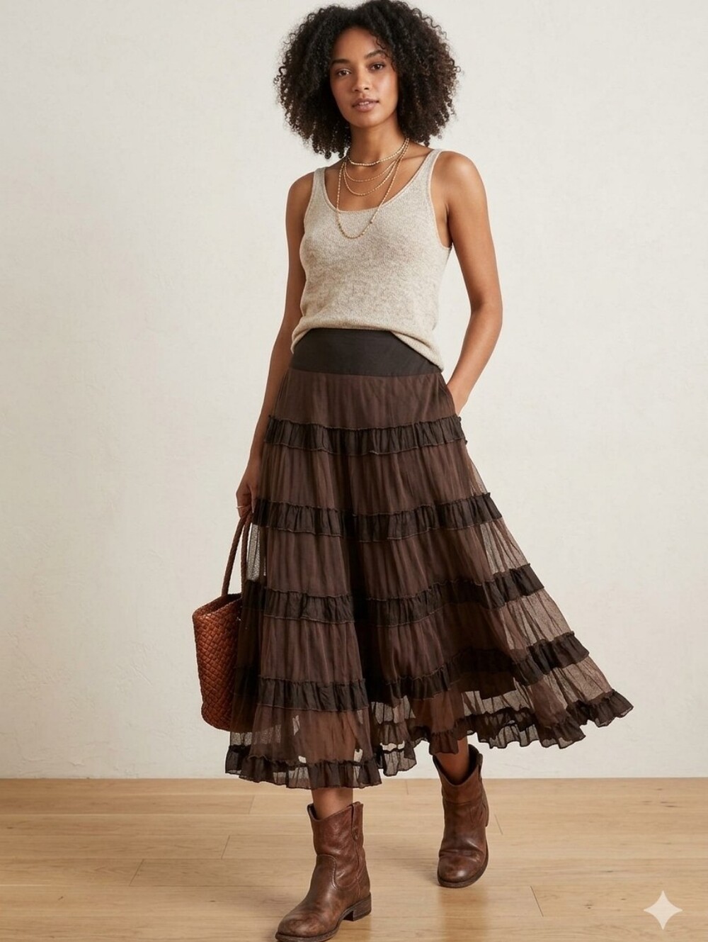 Vtg Karen Kane Tiered A Line Skirt Sz M Brown